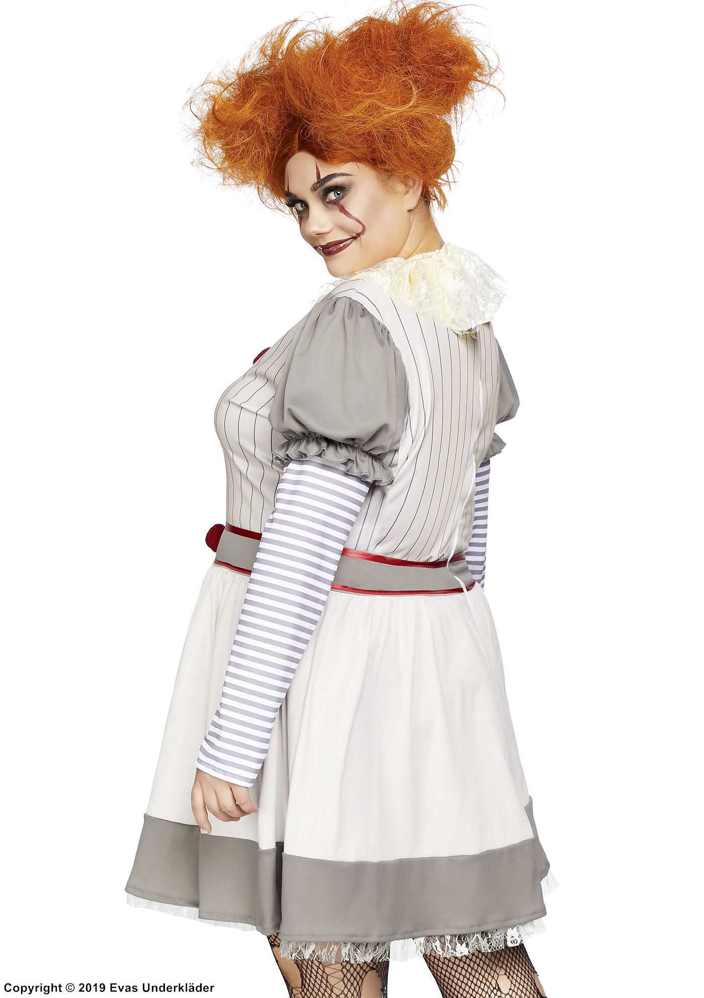Creepy female clown from IT, costume dress, long sleeves, pom pom buttons, stripes, S to 4XL